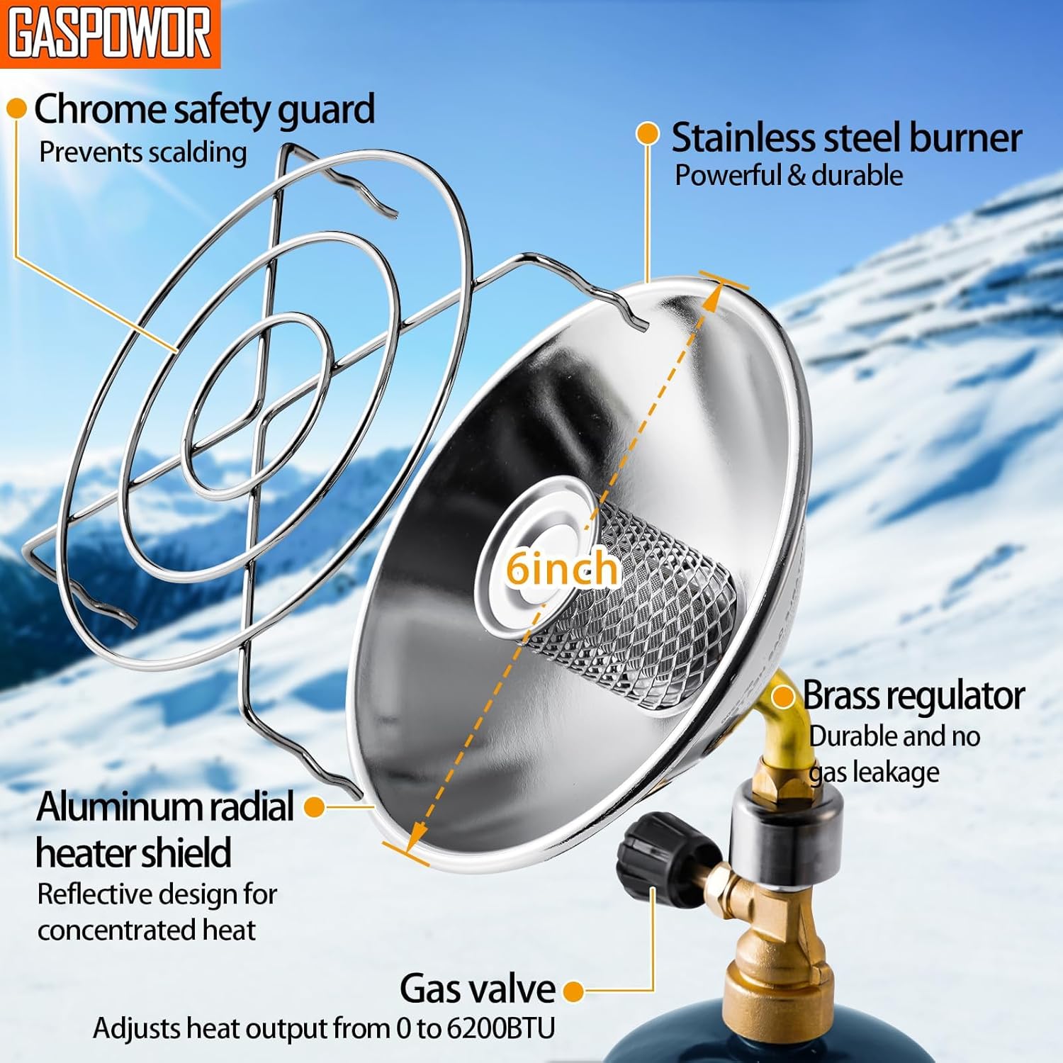 6200BTU Propane Heater with Windproof USB lighter, Gas Heater Camping, Outdoor Propane Heater with Cylinder Stand (Fuel not included)