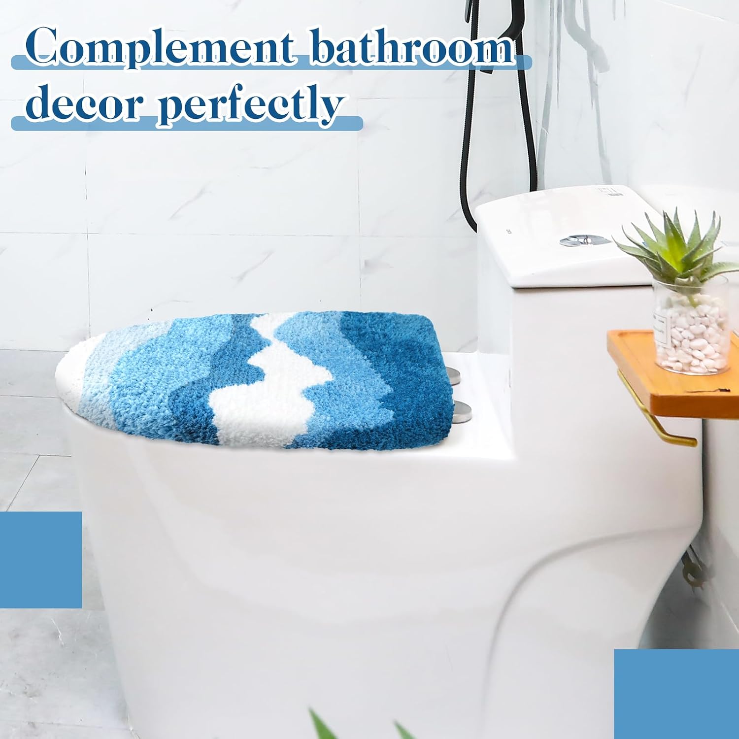 Mindsoft Blue Ocean Wave Toilet Seat Lid Cover for Bathroom Beach Plush Toilet Seat Cover with Non-slip Rubber Backing Bathroom Decor Fits Most Round, Elongated and Oblong Lids 17.5''x15''