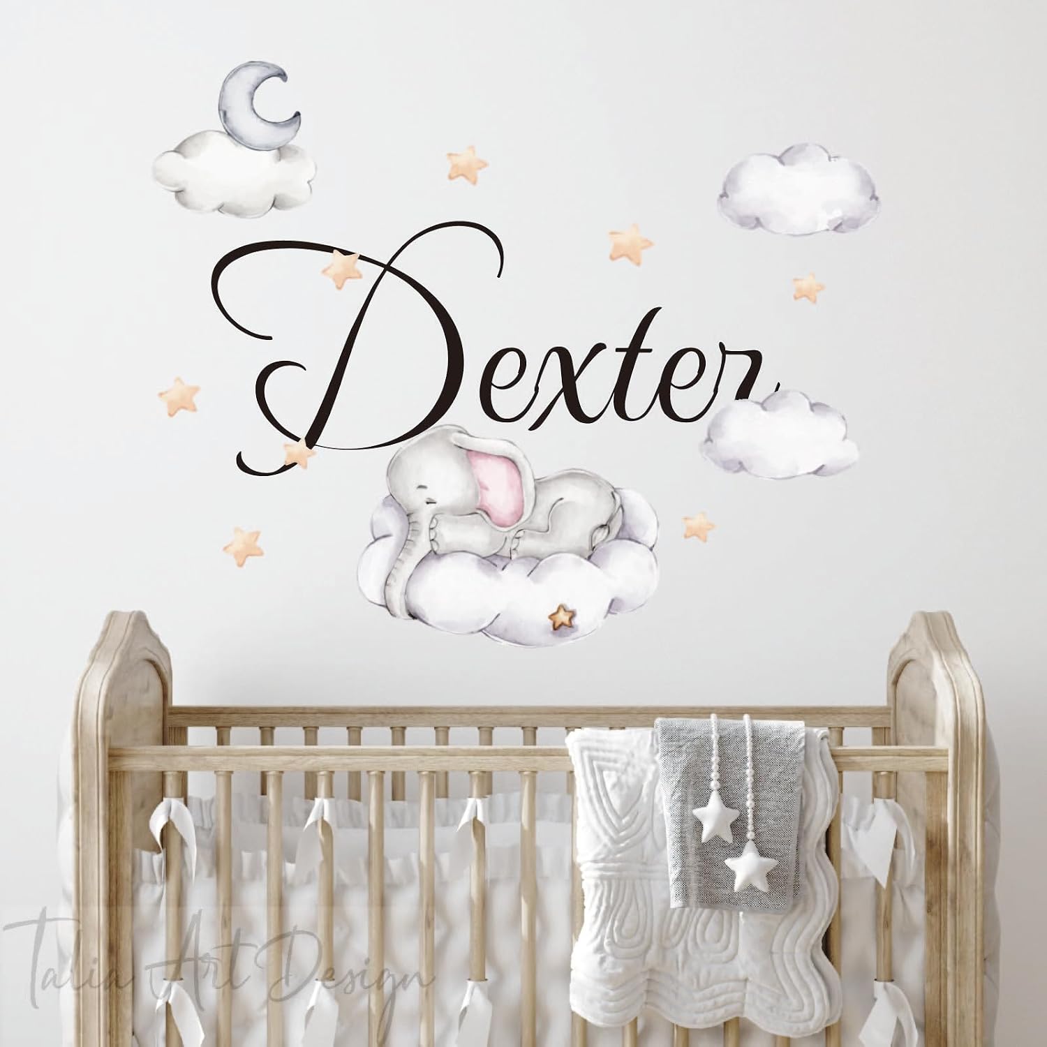 Personalized Kids Name Watercolor Sleeping Elephant Nursery Wall Decals - Baby Shower Crib Decor & Toddler Room Wall Stickers