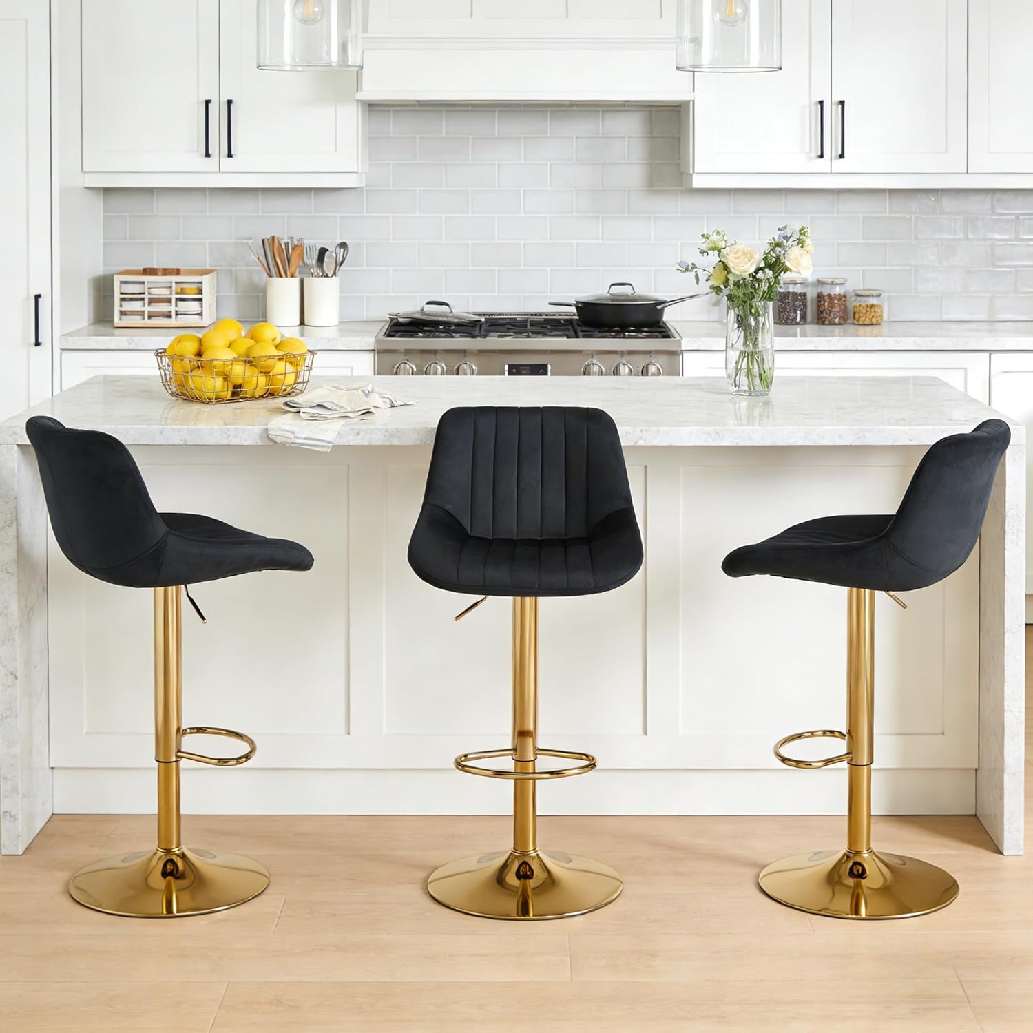 Velvet Adjustable Bar Stools Set of 3, Modern Swivel Barstools with Back, Golden Metal Base and Footrest, Upholstered Armless Bar Chairs for Kitchen Island/Dining/Pub, Black