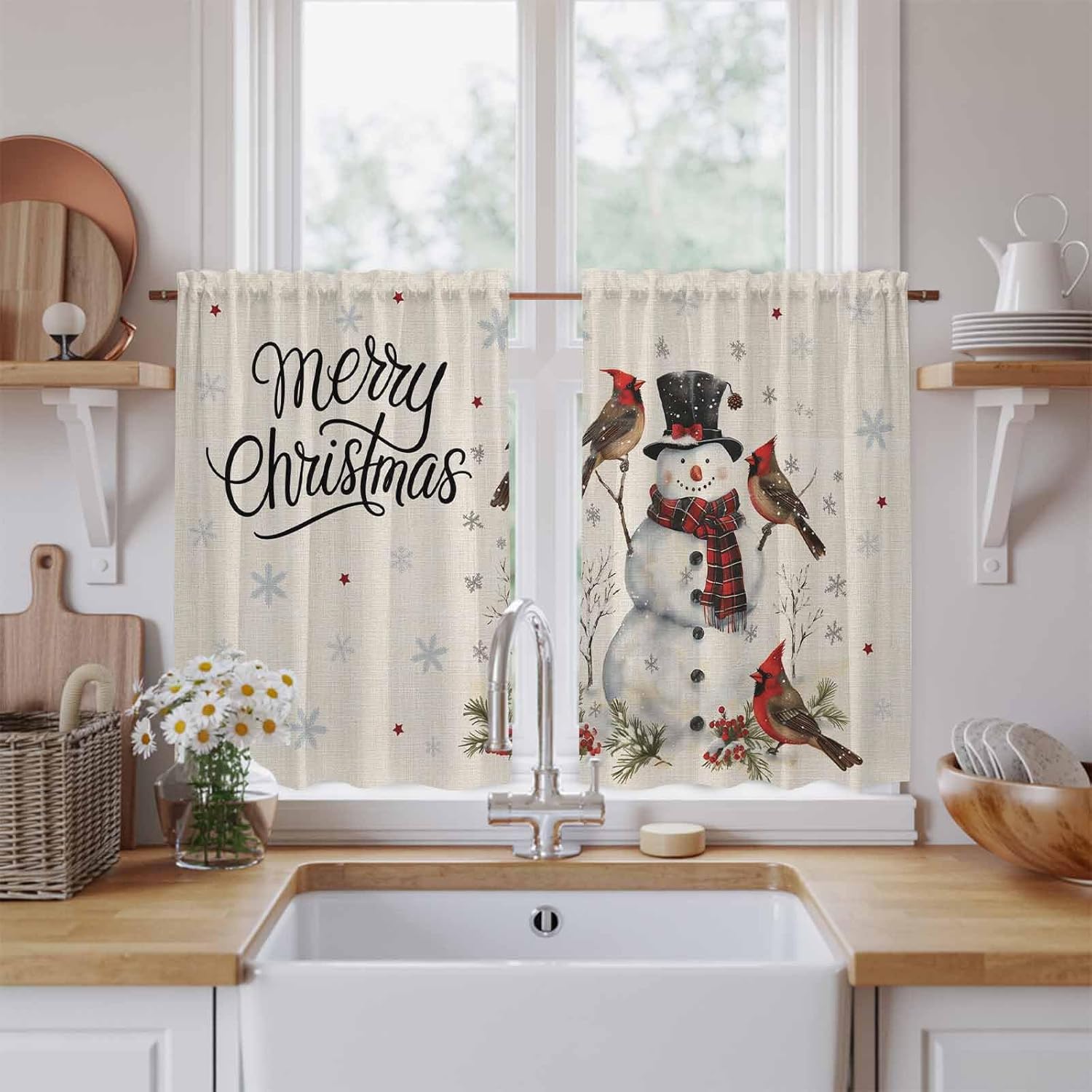 Christmas Snowman Kitchen Tier Curtains 45 Inch Long 2 Panel Set,Rod Pocket Short Window Treatment,Winter Xmas Snowflakes Cardinal on Linen Curtains & Drapes for Bathroom Basement 27.5"W x 45"L