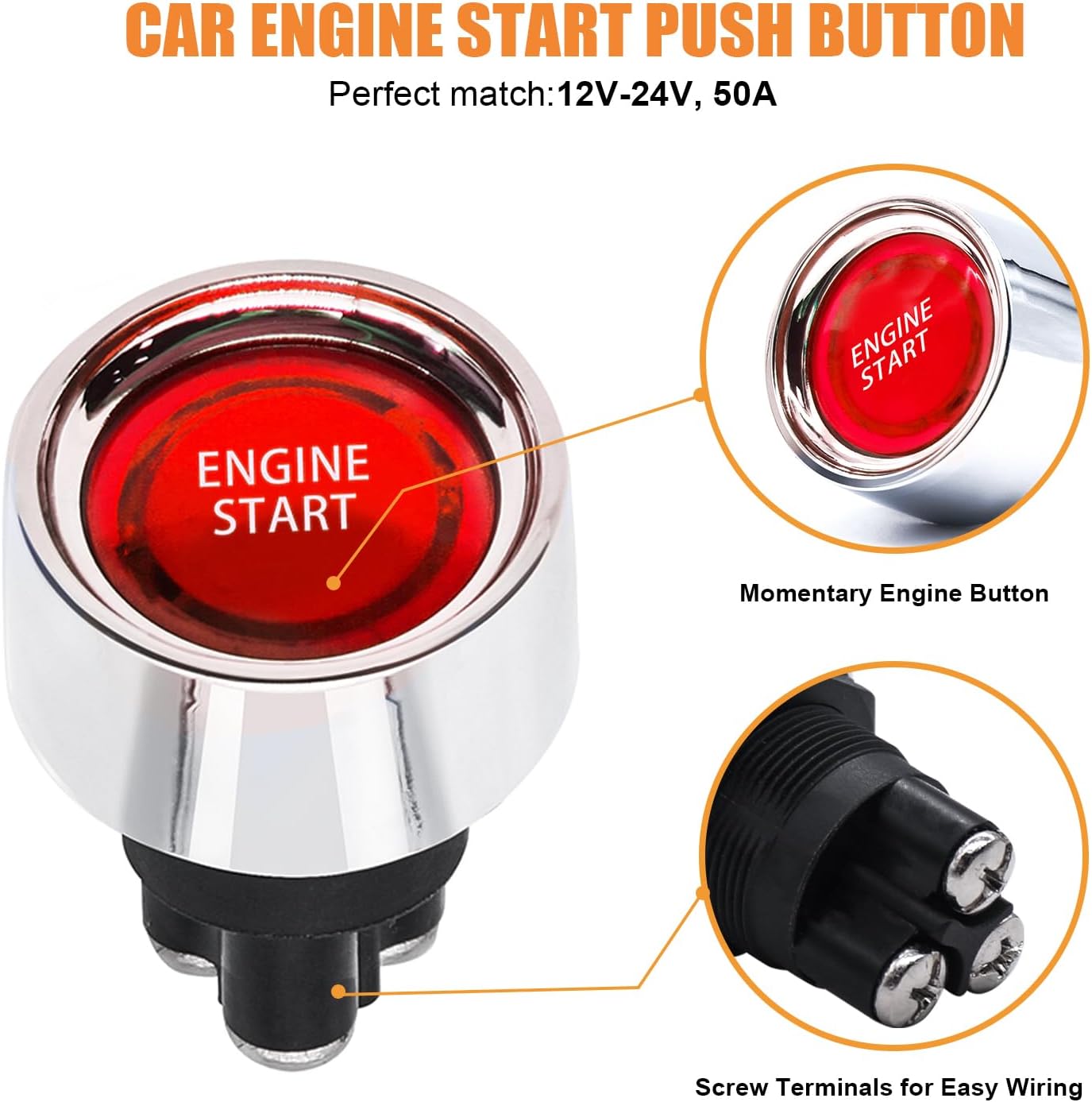 mankk Push Start Ignition Switch 12V DC,Start Engine Button Stater (ON)-Off,Momentary Engine Start Push Button Switch SPST 50A Red LED Light for Racing Car Vehicle Truck Boat RV M-042-R