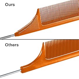 Leinuosen 3 Packs Rat Tail Comb Steel Pin Rat Tail Carbon Fiber Heat Resistant Teasing Combs with Stainless Steel Pintail (Orange)