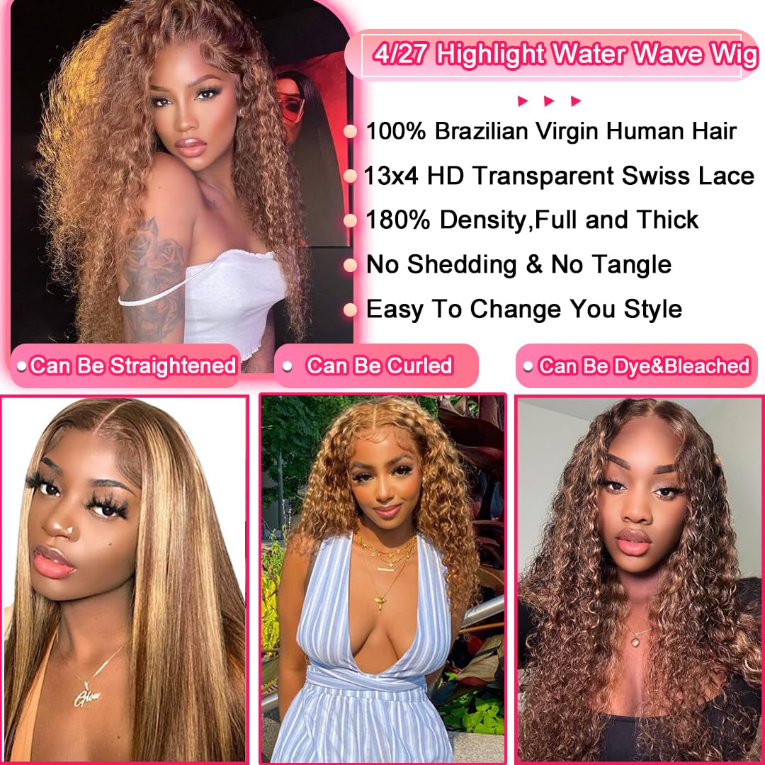 Ombre Highlight 13X4 Water Wave Lace Front Wigs Human Hair HD Transparent Lace Frontal Wigs 4/27 Pre Plucked 210% Density Glueless Wig for Women28inch