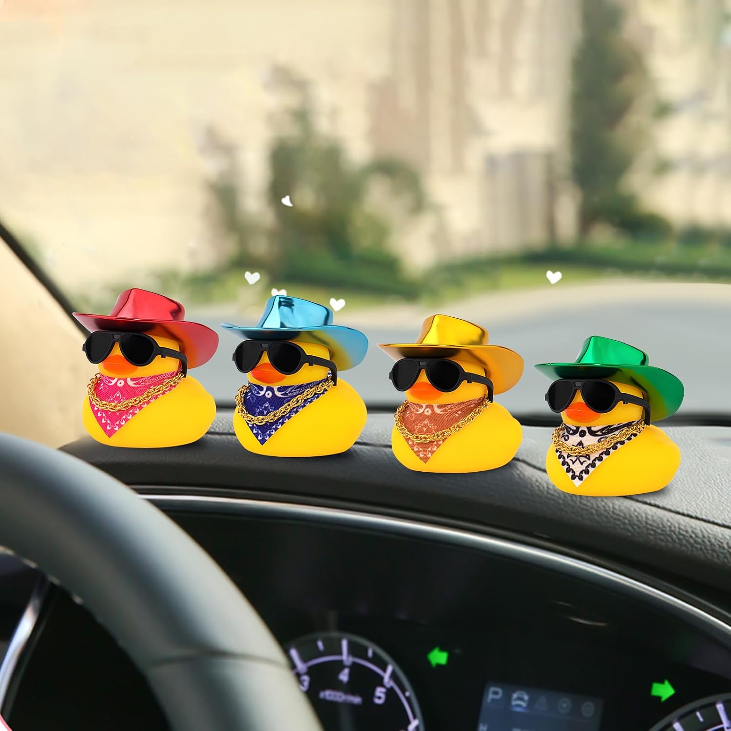 wonuu Bright Cowboy Hat Rubber Ducks, Dashboard Decorations Duck for Car Ornament Accessories with Hat Sunglasses Scarf Chain, Red