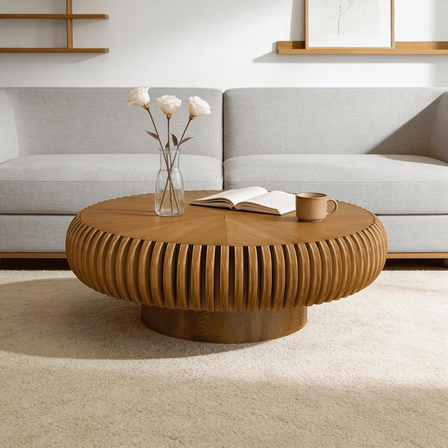 Moderner runder trommelf rmiger Couchtisch holzerne runde gerillte Couchtische luxuri ser runder Mittelcouchtisch & Akzent-Couchtisch f r Wohnzimmer Wohnung B ro und kleine R umeBrown 80cm