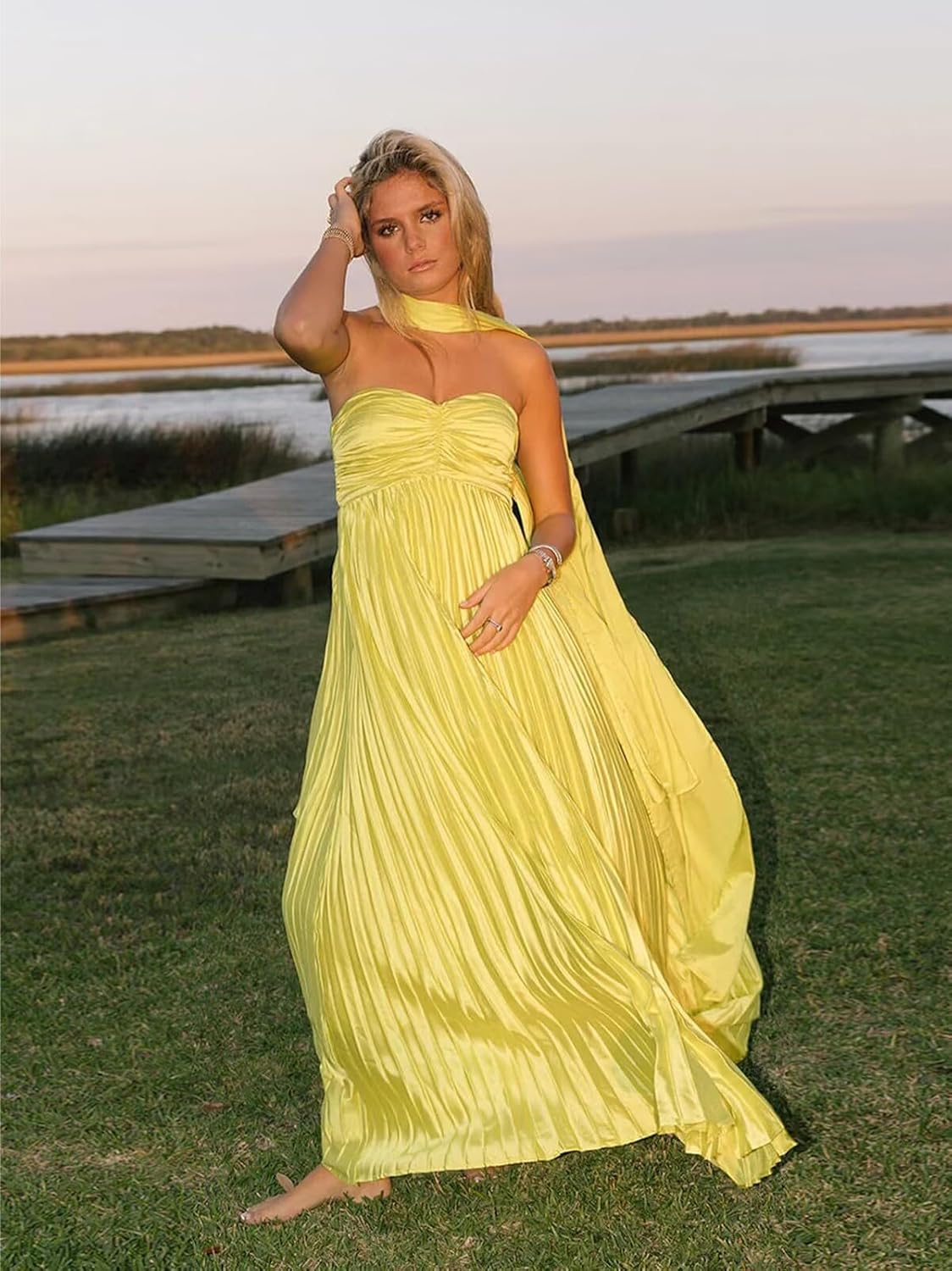 Flowy Pleated Bridesmaid Dress with Scarf Strapless Chiffon Formal Evening Dresses