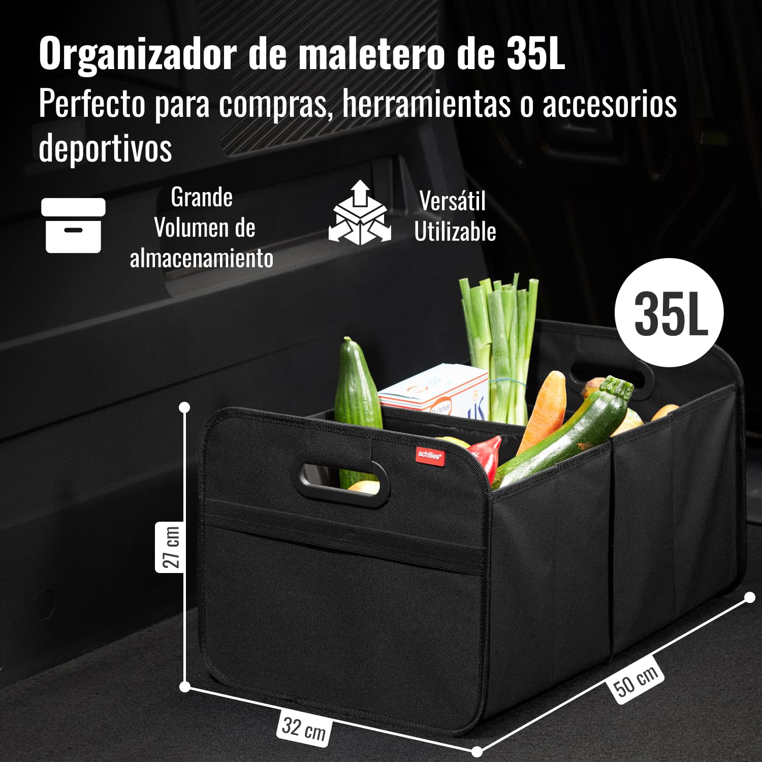 achilles Organizador de Maletero Coche – Caja Plegable XL con Bolsillo de Red – Compacta y Repele Agua – Ideal para Almacenaje Versátil – Accesorios Coche Interior – Negro – 50cm x 32cm x 27cm