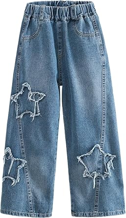 Girls Baggy Jeans Star Patchwork Denim Pants Elastic Waist Straight Trousers Wide Leg Soft Trousers 5-14 Years