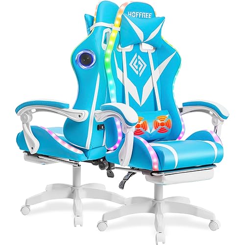Gaming Chair with Bluetooth Speakers and RGB LED Lights Ergonomic Massage Computer Gaming Chair with Footrest Video Game Chair High Back with Lumbar Support Light Blue and White