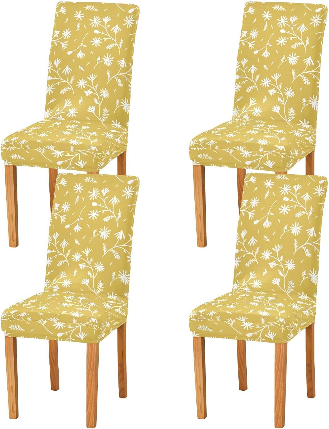 Flower Pattern Yellow Dining Chair Covers Set of 4, Stretch Kitchen Chair Slipcover Washable Removable Chair Covers Protector for Dining Room, Hotel and Ceremony