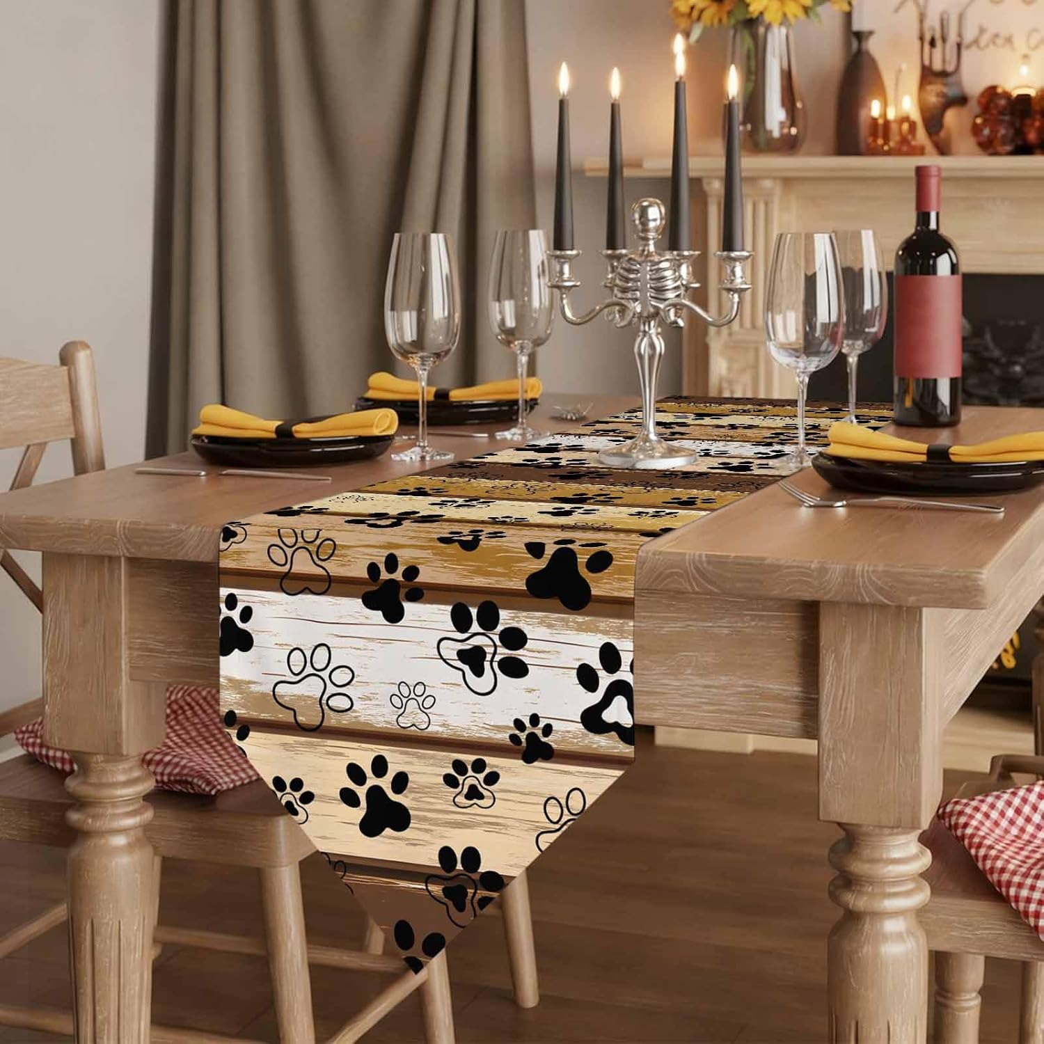 Brown Cat Paw Print Table Runner Linen Burlap Table Runner 72 Inches Long Vintage Farmhouse Country Wooden Grain Dresser Scarves for Kitchen Island Coffee Dining Room Party Holiday Decor 18"x72"