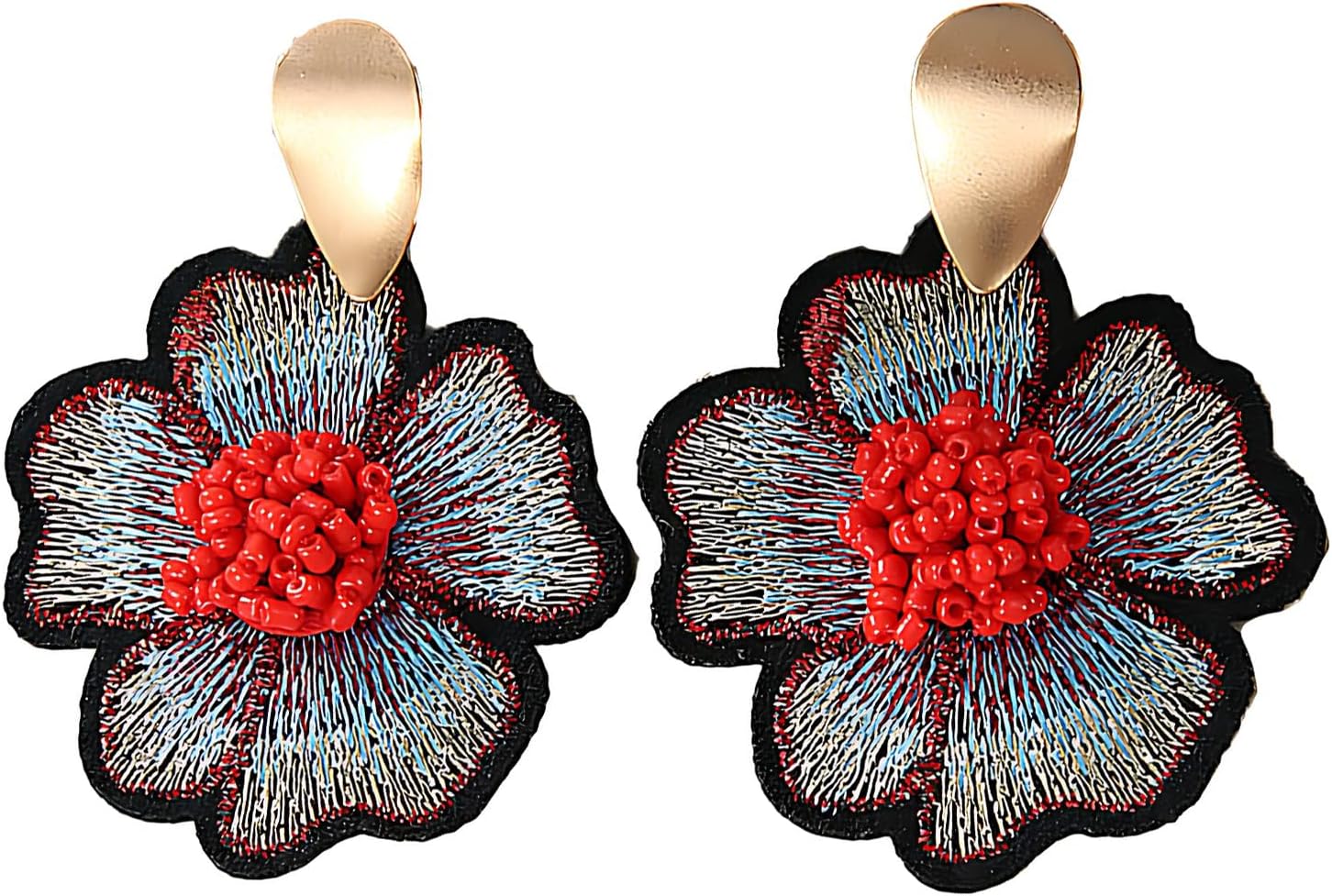 Boho Floral Embroidered Earrings with Colorful Bead Accents and Crystal Center for Women