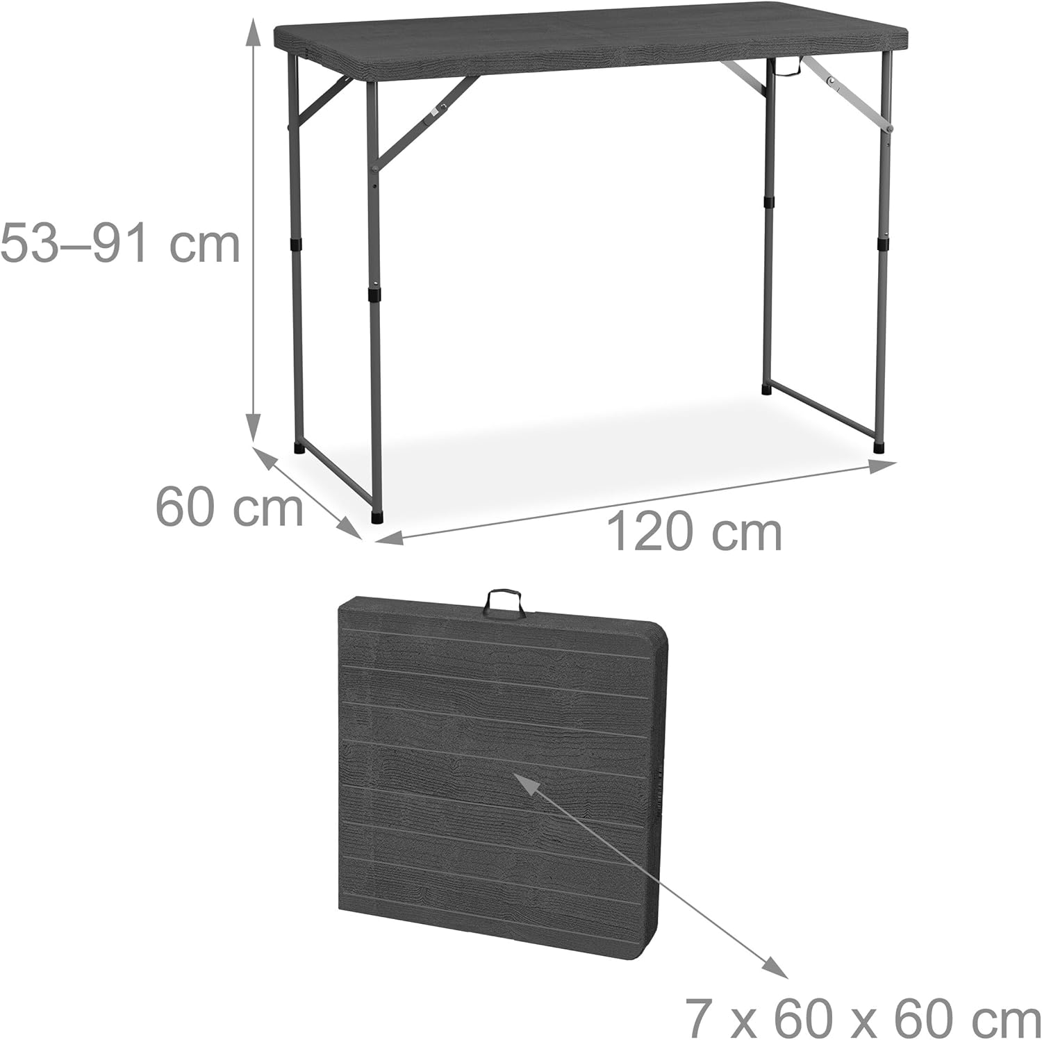 Relaxdays Garden Table Foldable, HWD: 74 x 120 x 60 cm, Plastic and Steel, Height-Adjustable, Fits 6, Camping, Grey