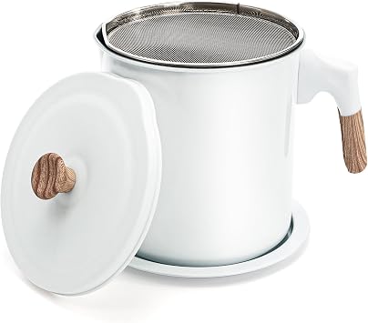 Lyellfe White Bacon Grease Container, 1.4L/48 Oz Stainless Steel Filter Cooking Oil Can with Strainer Handle, Grease Saver with Removable Coaster Tray for Kitchen Frying Fat Oil