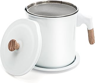 Lyellfe White Bacon Grease Container, 1.4L/48 Oz Stainless Steel Filter Cooking Oil Can with Strainer Handle, Grease Saver with Removable Coaster Tray for Kitchen Frying Fat Oil