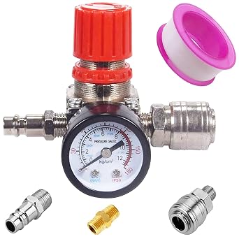 Lomodo 4-Way Air Compressor Pressure Switch Control Valve Regulator with Dual Dia Gauges, 0-175 PSI Air Gauge for Compressor Tools