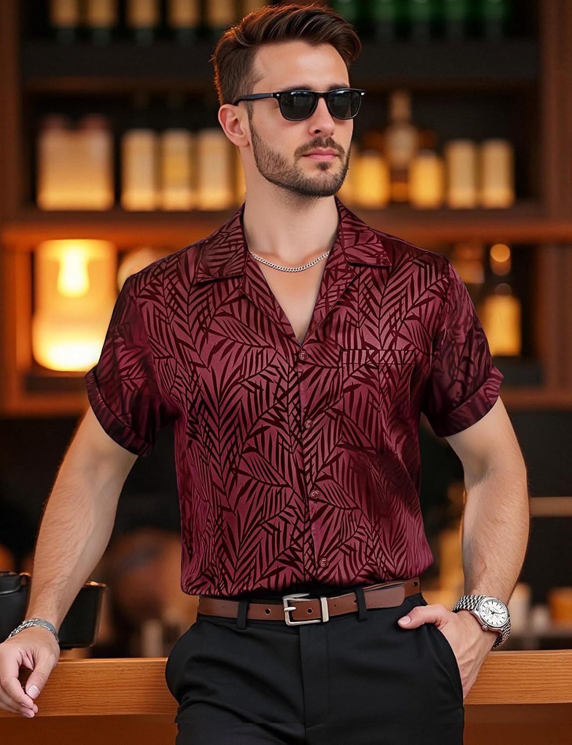 JEMITOP Mens Shiny Satin Silk-Like Designer Shirt Summer Regular Fit Short Sleeve Button Up Floral Shirt with Pocket