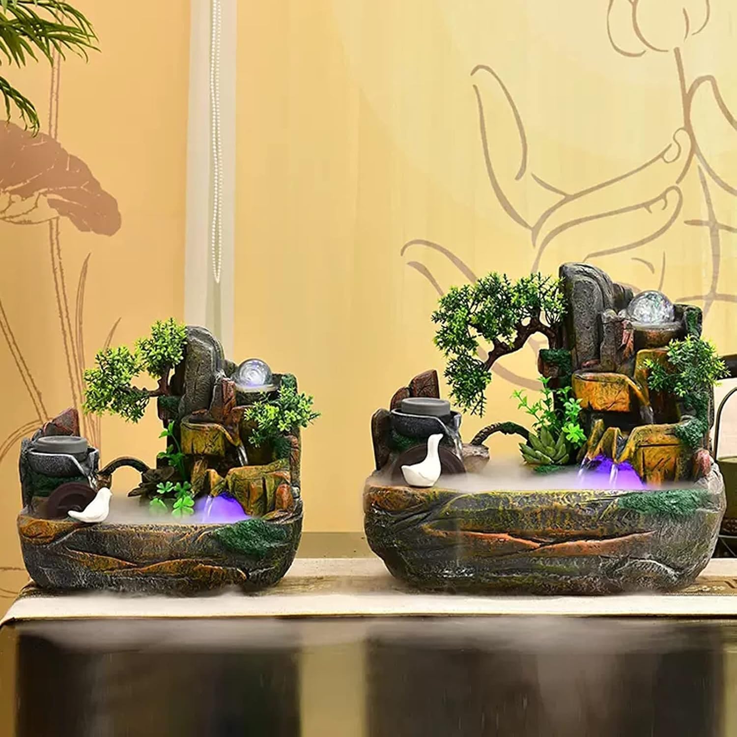 Water Fountains Indoor Resin Fake Mountain Flowing Water Indoor Fountain Feng Shui Wheel Inviting Wealth Turning Ball Water Features Ornaments Living Room Offic(One L)