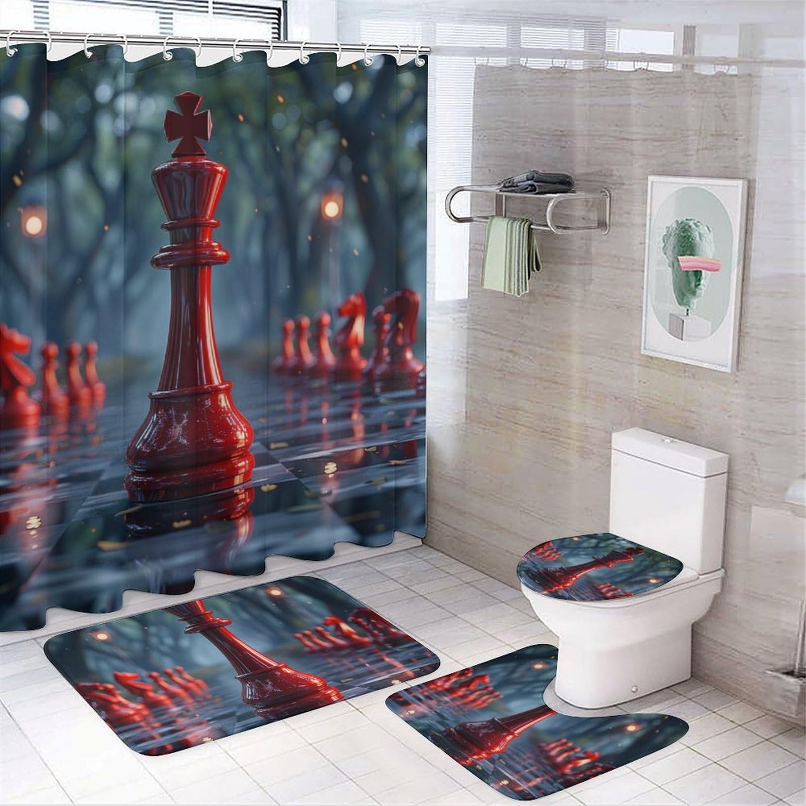 HDESDIS 4Pcs Chessboard Fantasy Shower Curtain Set with Rugs, Toilet Lid Cover and Bath Mat, Glam International Chess Bathroom Curtains Decor Shower