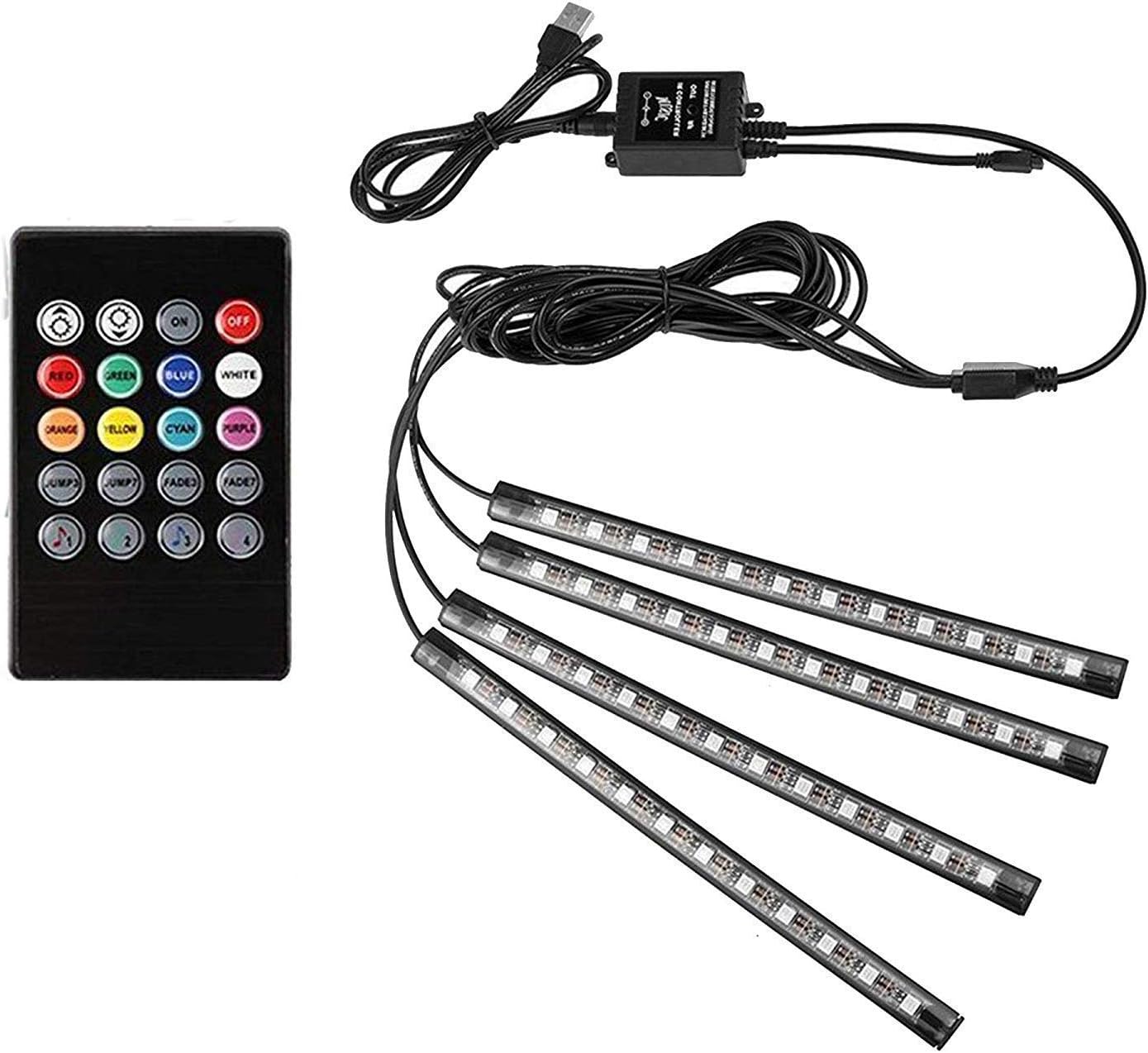 Car LED Strip Light,4pcs 48LED Multicolor Music Car Interior Under Dash Lights with Waterproof and Sound Active Function, DC 5V (USB Port)