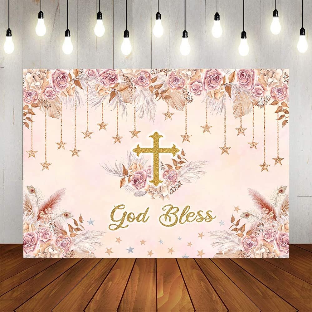 Avezano Boho God Bless Backdrop Pink Little Star Pampas Grass Baptism Background Boho First Holy Communion Christening Party Banner Decorations (7x5)