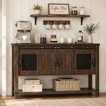 4ever2buy Farmhouse Coffee Bar Cabinet with Sliding Barn Door, 47", Brown