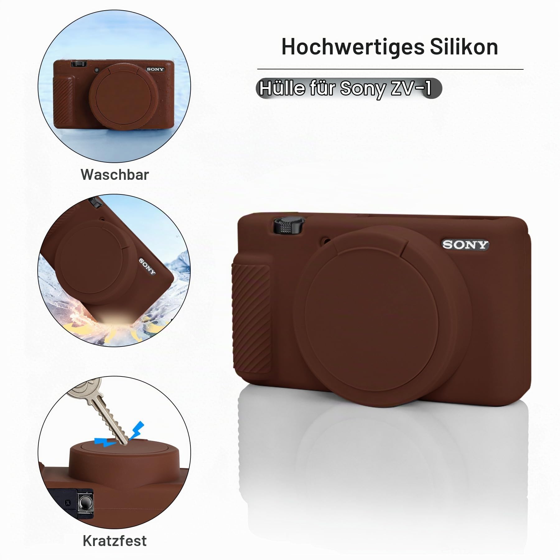 BOVKE 2-in-1 Kameratasche für Sony ZV-1 Premium Kompaktkamera für Content Creator, Silikon Hauthülle + Harthülle Tragetasche Schutzpaket für Sony ZV1 Kamera, Braun