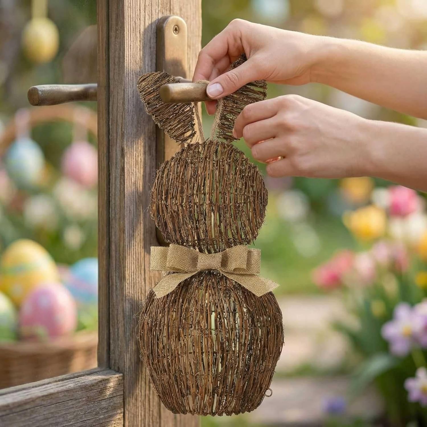 45cm Large Rattan Bunny with Bow, Tabletop Easter Decoration Gifts, Wicker 𝙍𝙖𝙗𝙗𝙞𝙩 Statue for Spring and Summer 𝙁𝙖𝙧𝙢𝙝𝙤𝙪𝙨𝙚 Home Porch Table