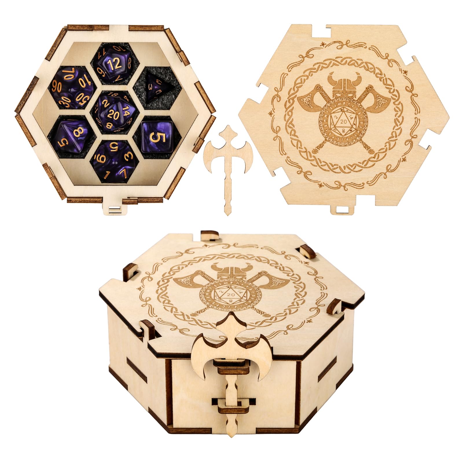 Würfel Box Aufbewahrung, 7 Polyedrische Würfel, D&D Zubehör, Holz Hexagon Wikinger Muster mit Axt, Rollenspiele Satz, Würfelbox DND, Geschenke für Tabletop Spieler