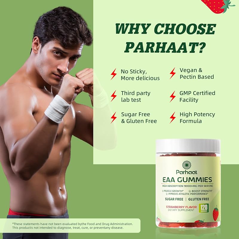 Parhaat EAA Gummies 120 Gummies (Strawberry), Essential Amino Acids - All 9 Essential Aminos (EAA) and All Branched-Chain Aminos (BCAAs), Non-GMO, Gluten Free, Vegetarian Friendly image 6