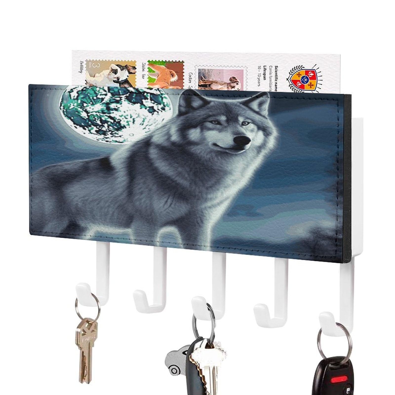 LDGSUPH Wolf Under Moon Key Holder Wall Mount Key Hanger with 5 Hooks Fashion Key Organizer Rack Hanging Key Hooks with Mail Organizer Key Rack for Home Entryway Hallway White-Style