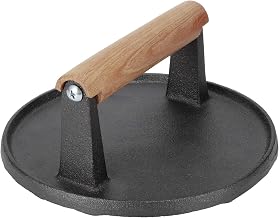 Prensa de indução de ferro fundido pré-temperado MOUMOUTEN, 1153 g/40,7 oz Ferramenta redonda para churrasco com cabo de madeira para sanduíches de bife de bacon panini hambúrguer legumes 18 x 18 x 8