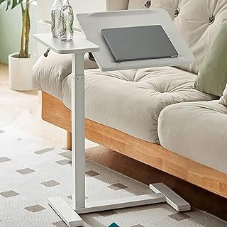 VMAQGOAX Höhenverstellbarer mobiler Schreibtisch für Schlafzimmer, Betttisch mit Laptopwagen, wendbar, für zu Hause, zusammenklappbar, tragbar, aus Holz und Metall, Weiß