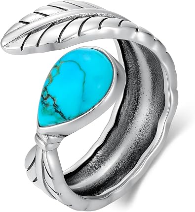 Genuine Turquoise Stone Rings, Sterling Silver Vintage Boho Thumb Rings Native American Antique Jewelry Gifts for Women, Adjustable Size Fit for 5 6 7 8 9