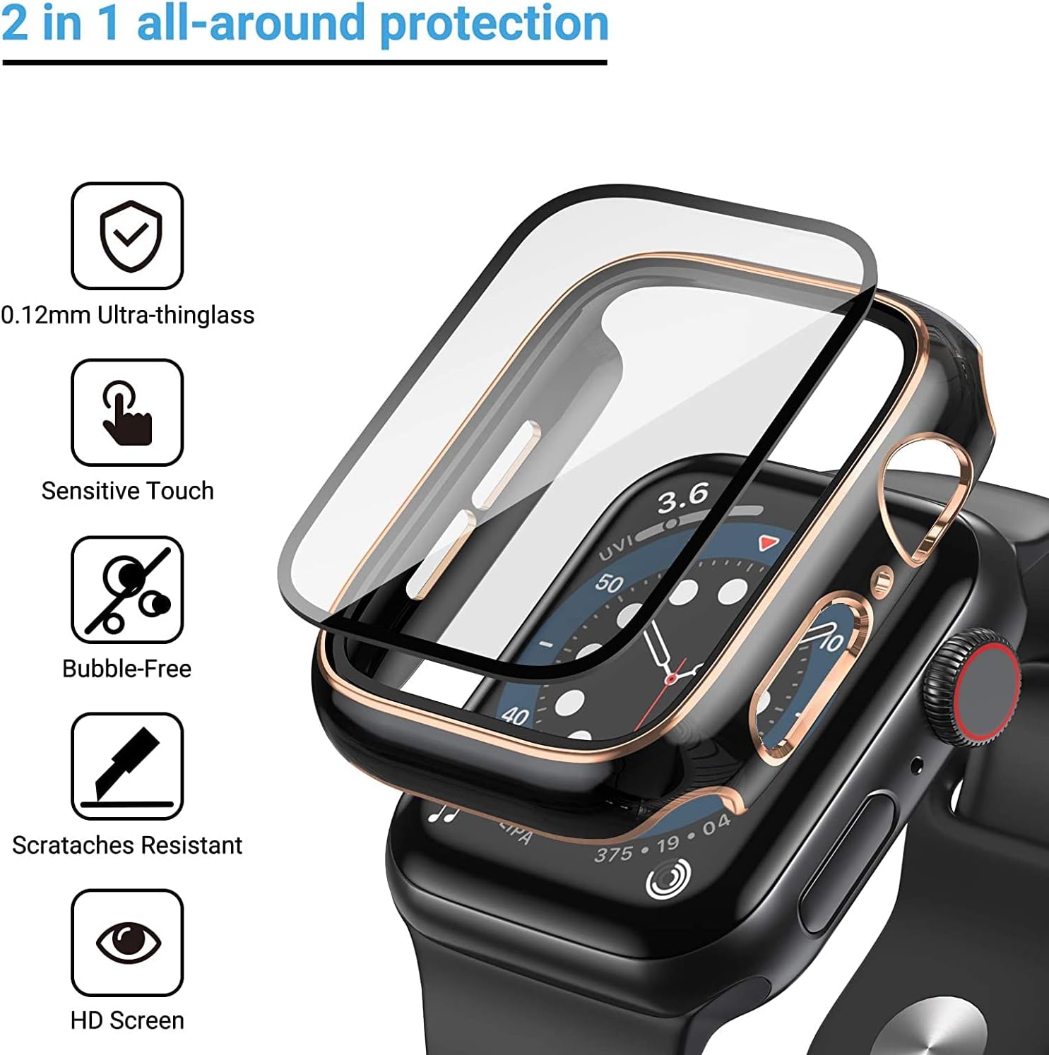 Cover for Apple Watch Case 45mm 41mm 44mm 40mm 42mm 38mm Accessories PC Tempered Glass Screen Protector iWatch Series 7 8 5 6 SE (Color : Black Rose, Size : 42mm Series 321)