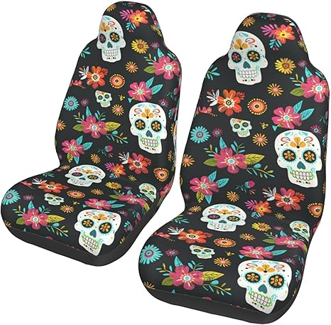 Sugar Skull Pattern Car Seat Covers Car Front Seat Cushion Auto Seat Cover Car Bucket Seats Protector Covers Universal Fit for Car Sedan Truck SUV 2pcs