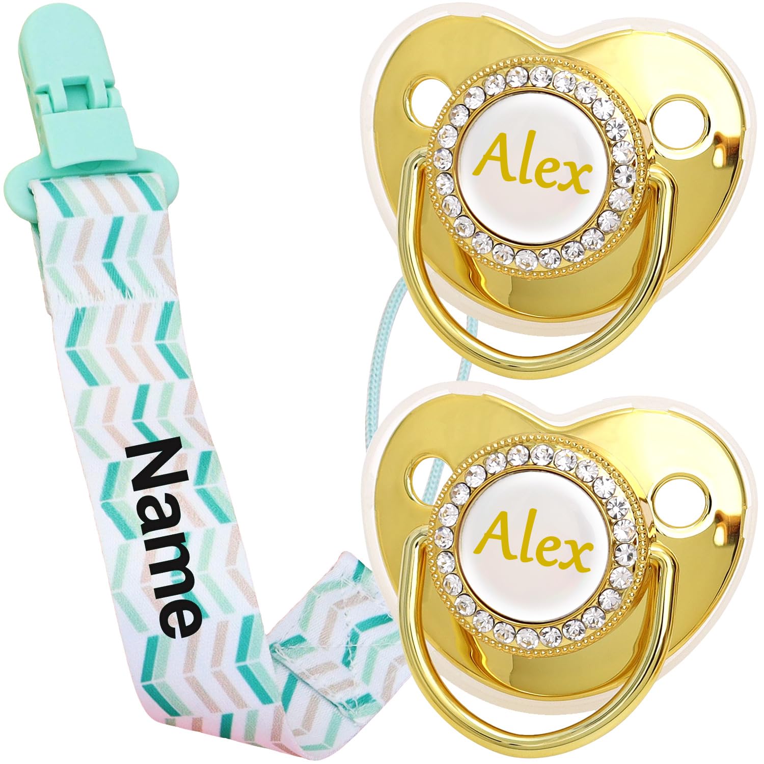 Personalized Pacifier with Name, Bling Gold Pacifier Clip Set with Glitter Crystal Luxurious Soother Dummy Ideal Gift for Boys Baby Shower Newborn Photography (Moon)