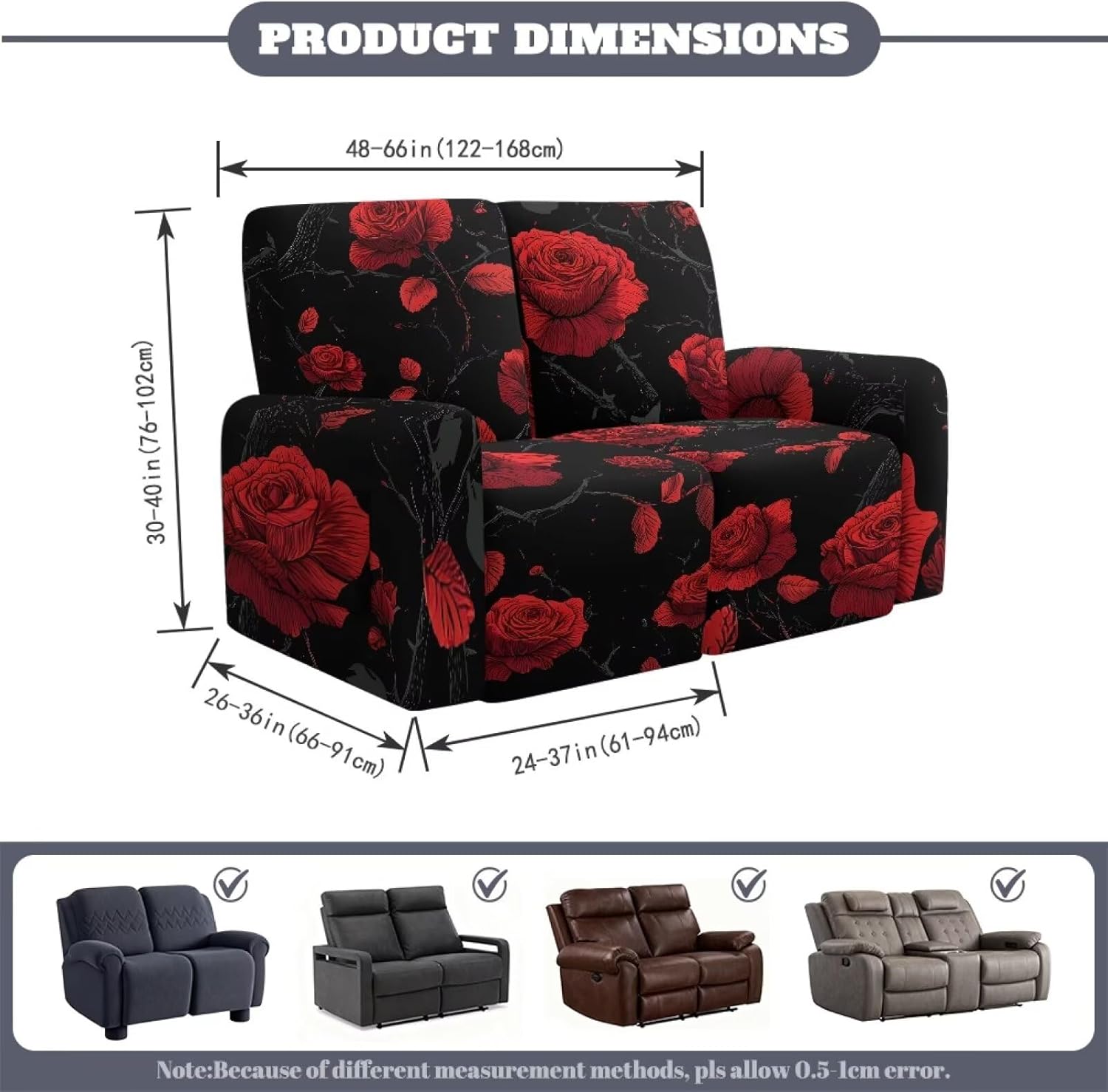 Red Rose Loveseat Recliner Chair Covers Black 2 Seater Slipcover for Reclining Chair Sofa Stretchable Indoor Couch Cover Non Slip Easy to Install