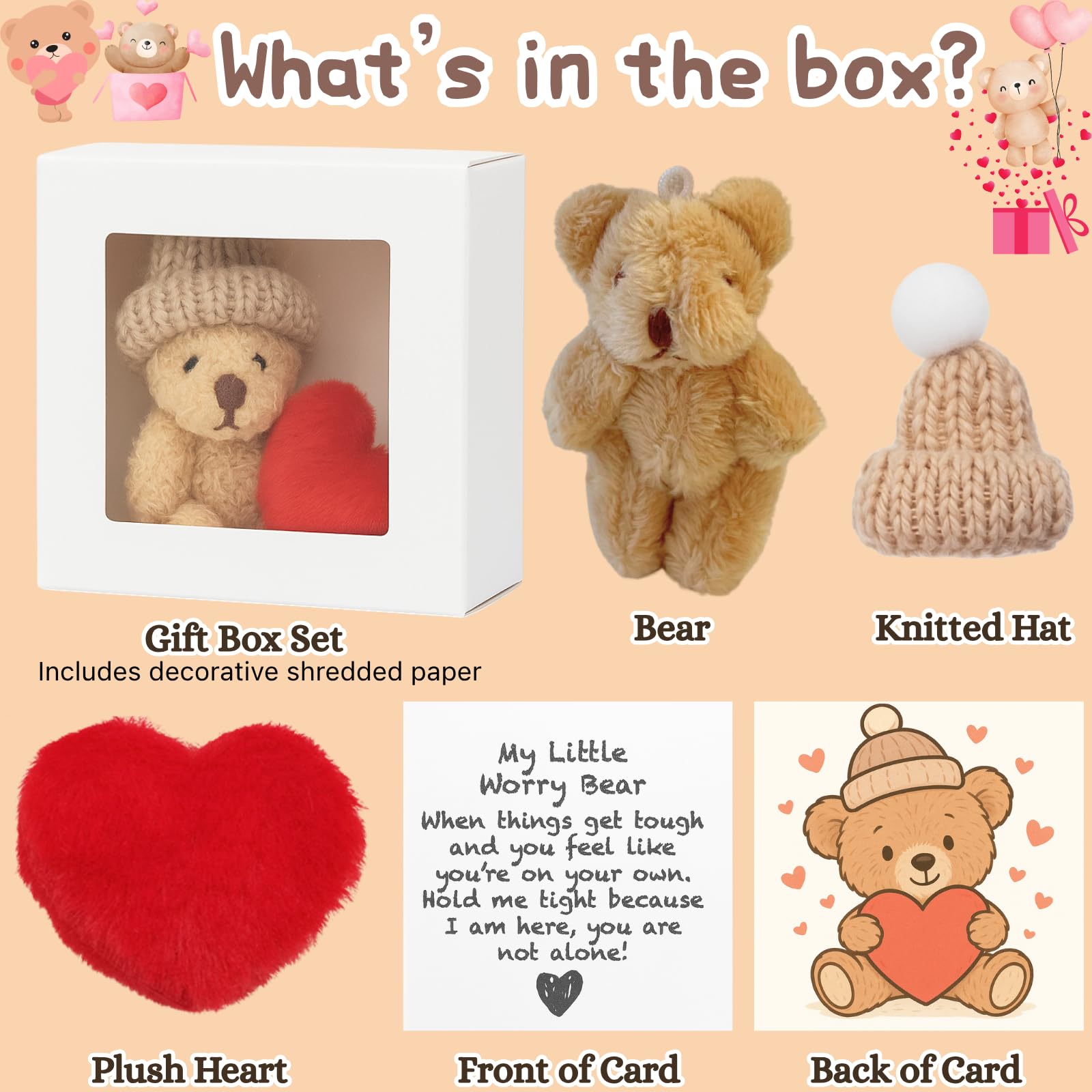 JULI Worry Bear Hug in a Box, Pocket Worry Bear with Red Heart & Comfort Card, Emotional Support Plush Toy - Image 4