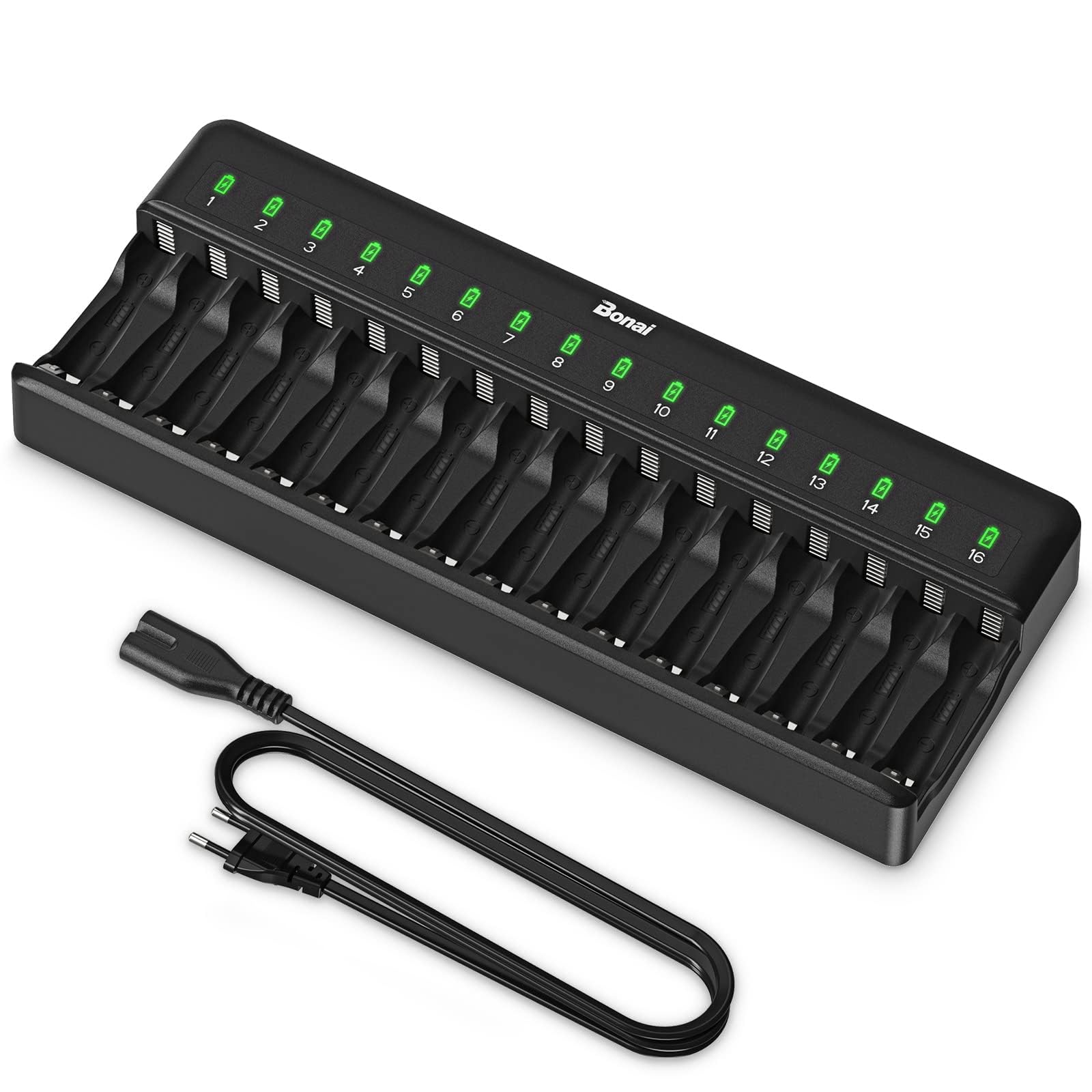 BONAI 16-Slot Akku Ladegerät für AA AAA Batterien, Intelligentes Ladegerät für NI-MH wiederaufladbare Akkus, Professionelle Ladestation für Batterien von Controllern, Spielzeugen, Smart-Home-Geräten