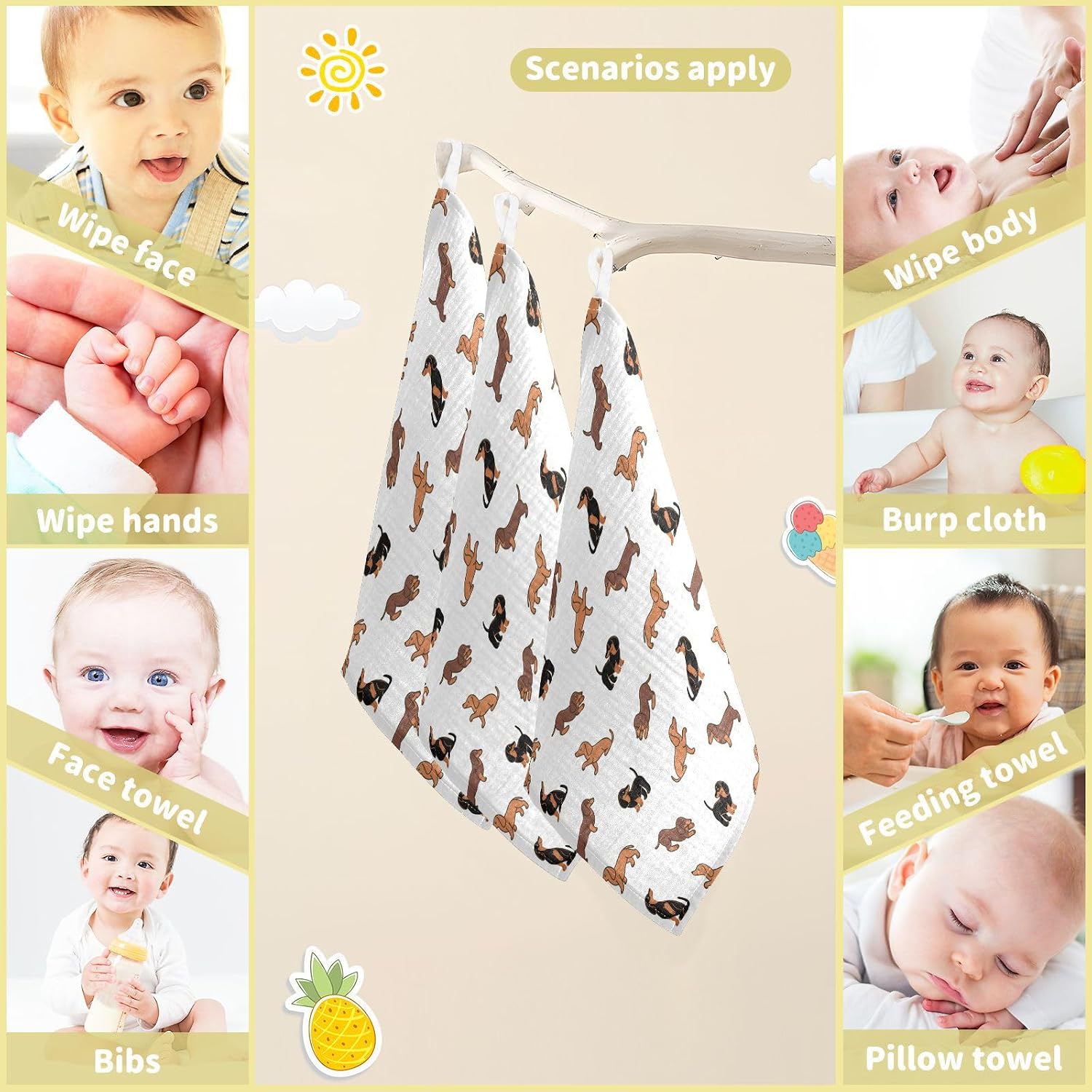 YETTASBIN Dachshund Dog Muslin Baby Hand Washcloths, Soft Cotton Bath Face Towel, 4 Layers Extra Absorbent Feeding Burp Cloth for Newborn Infant, 5 Pack