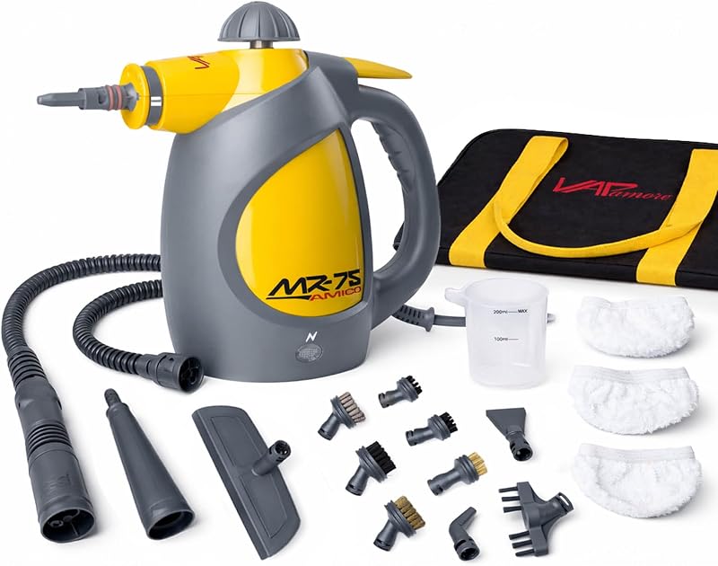 Vapamore MR-75 Amico Handheld Steam Cleaner for Bed Bugs, Auto & Grout | Portable handheld steam cleaner; 210°F chemical-free steam; kills dust mites; heats in 4 min; 3.5 lbs; 17 accessories