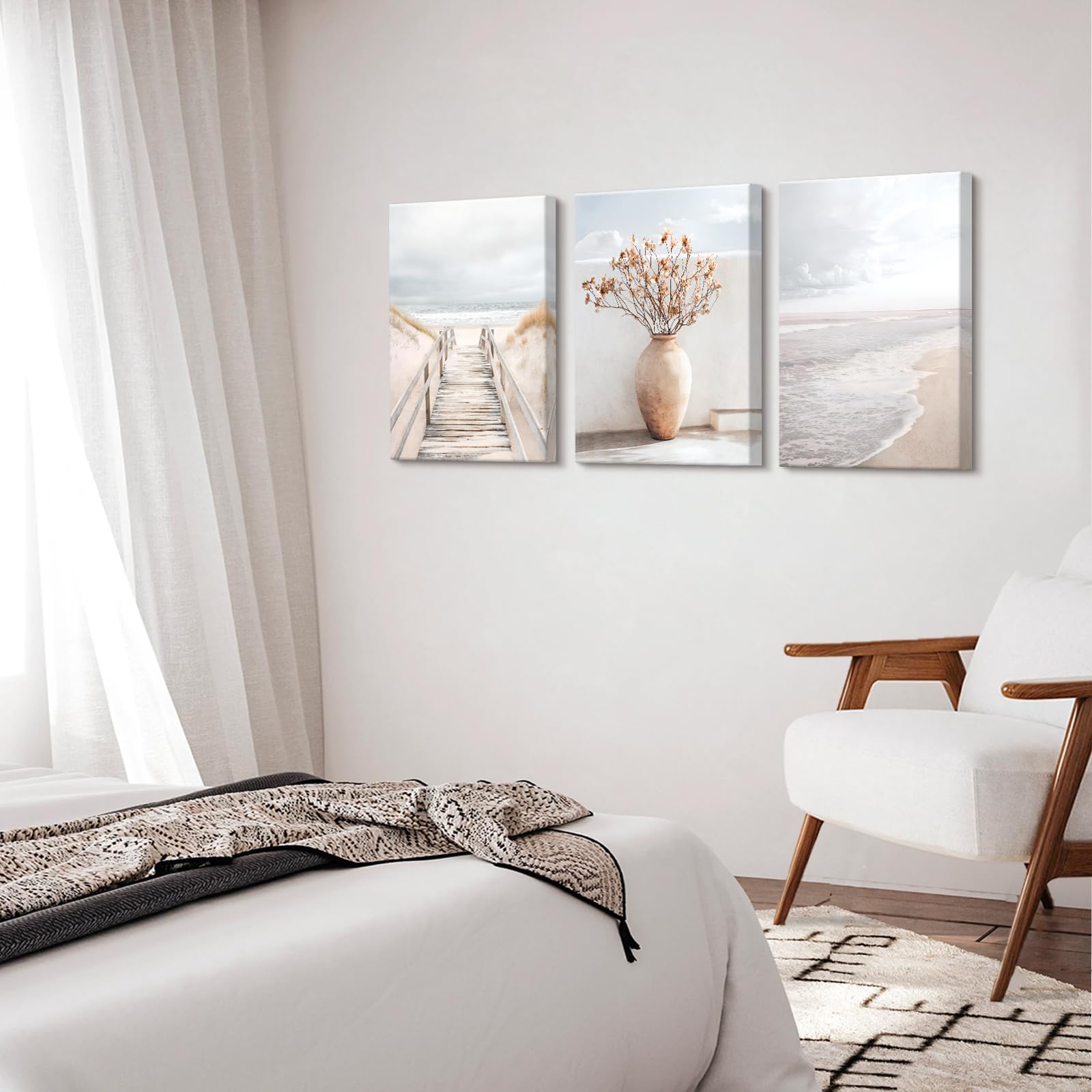 3 Pcs Wooden Framed Canvas Wall Art Path to the Sea Beach Canvas Prints Boho Beige Seascape Painting Ocean Coastal Scenery Pictures for Living Room Bedroom Bathroom Hallway Wall Decor 40x60 cm x3pcs - Image 4