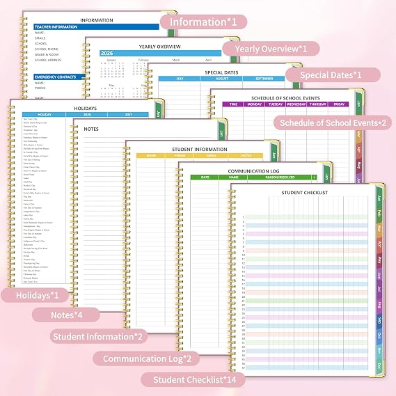 Teacher Planner 2026-2027, Jul 2026-Jun 2027 Academic Year, 8.5 x 11 Lesson Planner Book for Teachers Calendar, Spiral Bound Planners, Colorful Monthly Tabs, Hardcover, Corner Protectors, Stickers - Pink
