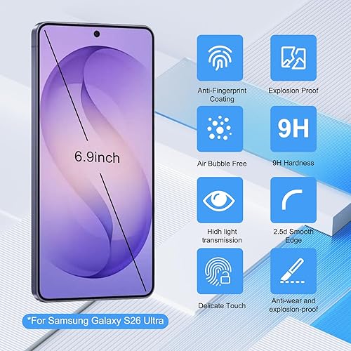 Miniatura 2 de Protector de pantalla para Samsung Galaxy S26 Ultra (paquete de 2), kit de instalación sin polvo, vidrio templado ultra transparente, dureza 9H