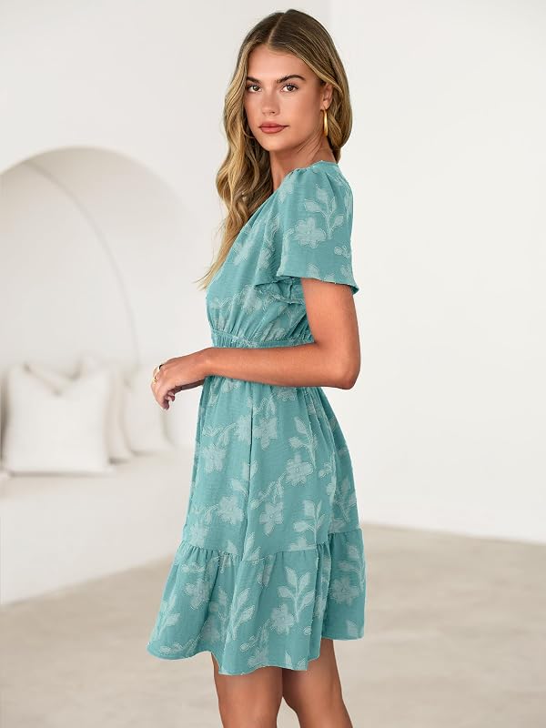 Simplee Womens Summer Floral Dress - Casual Short Sleeve V Neck Empire Waist Boho Flowy A Line Mini Wedding Guest Dresses,Teal M by Simplee - Used condition - Image 4