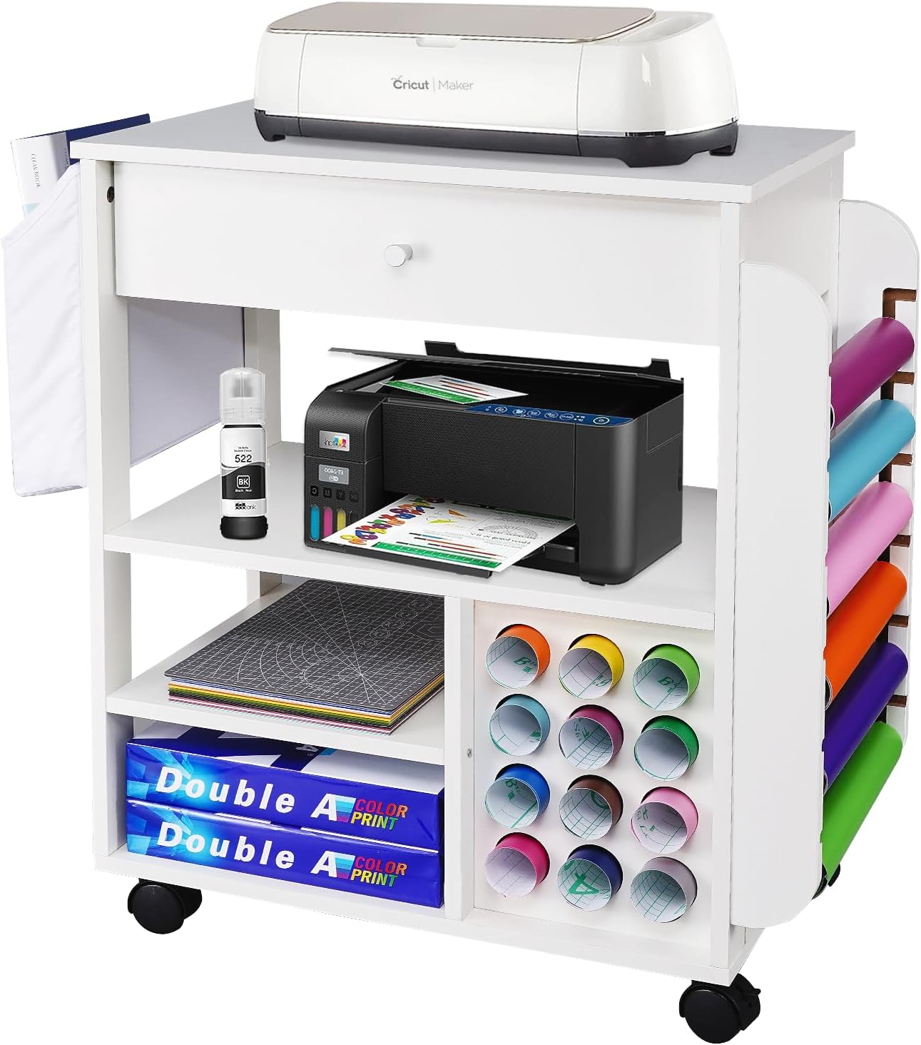 Pochar Craft Organization and Storage Cart Compatible with Cricut Machines, Craft Rolling Storage Organizer with 18 Vinyl Roll Holder and Drawer, Rolling Craft Table for Cricut Craft Workstation