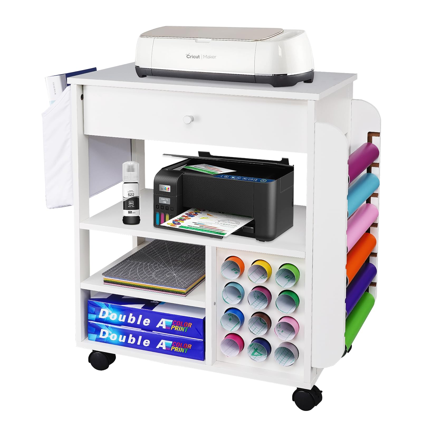 Pochar Rolling Craft Organization and Storage Cart Compatible with Cricut, Craft Rolling Storage Organizer with 18 Vinyl Roll Holder, Crafting Cabinet Workstation
