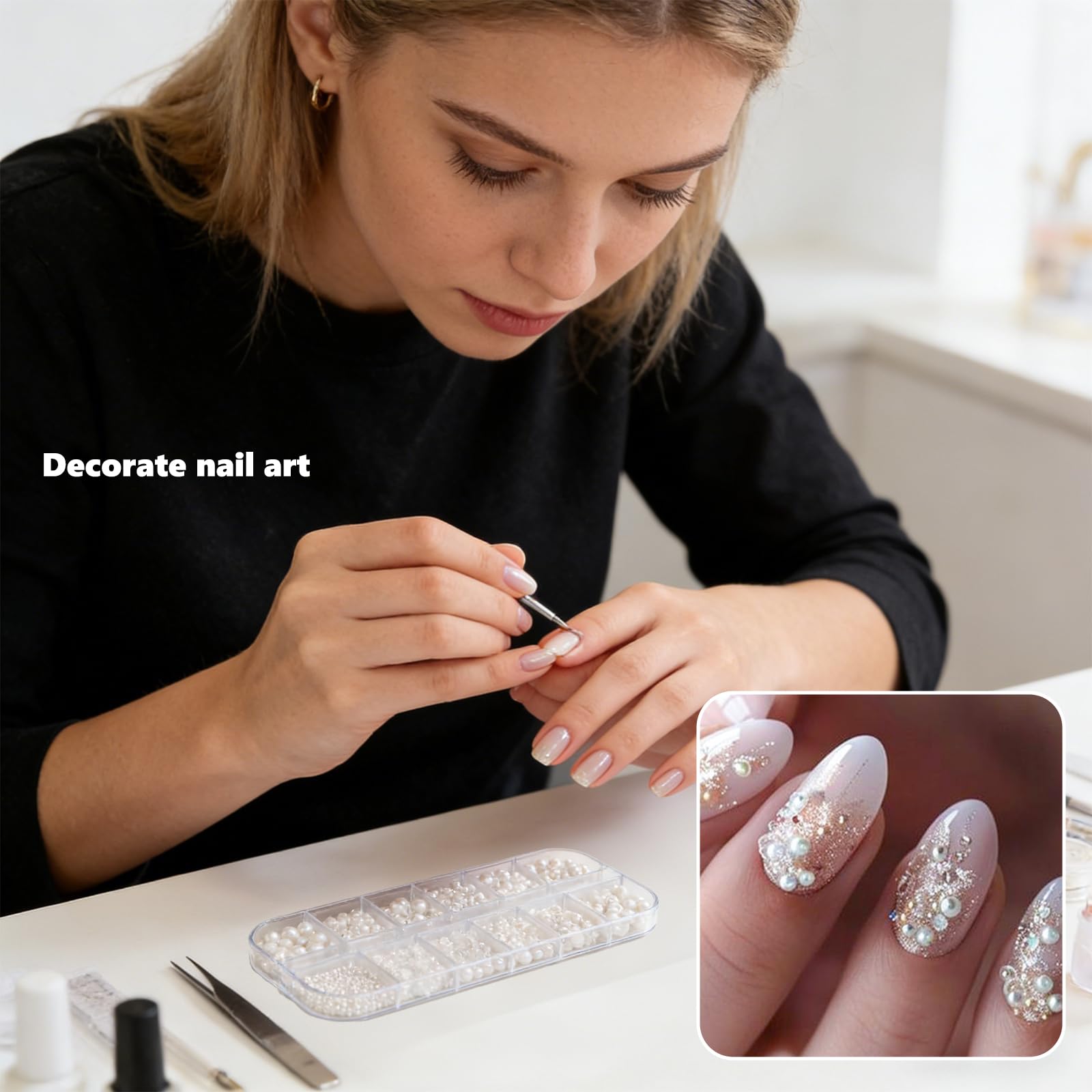 6 Tailles Breloques pour Ongles en Perles Blanches, Strass Ongle Demi Rondes à Dos Plat, Accessoires Décoration Bricolage Mariage Fête
